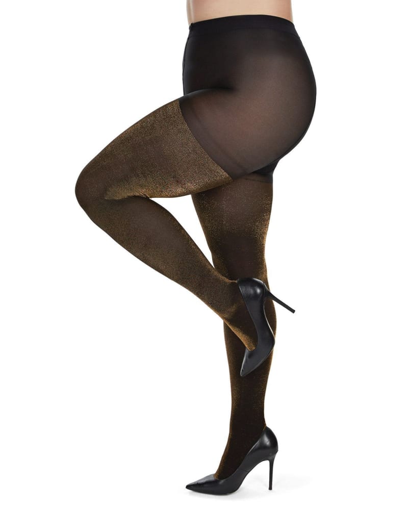 Side of a model wearing a size Q1-2 Liquid Metal Opaque Tights in Black-Gold by Memoi. | dia_product_style_image_id:300178